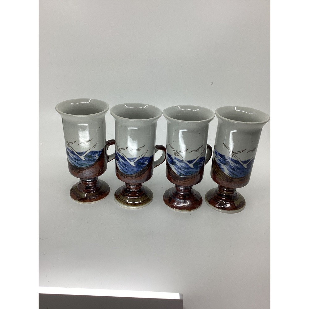 Irish Stoneware Set of 4 Footed Coffee Mugs Hand Painted Seagull Coastal Blue